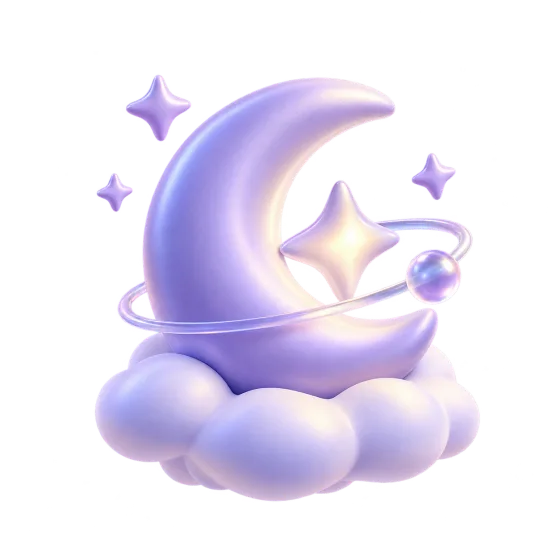 A pearlescent lavender moon surrounded by stars and soft clouds